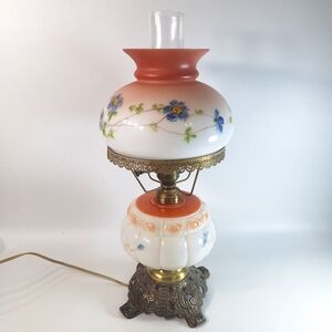 Vintage Hand-Painted Blue Forget-Me-Not Flowers Parlor Lamp Opal Glass Brass